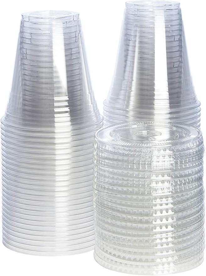 GUSTO Clear Plastic Cups with Flat Lids [12 oz - 50 Count] - Disposable Iced Coffee Cups with Lids - PET Plastic Cold Cups for Smoothies, Juices & To-Go Drinks - Formerly Comfy Package