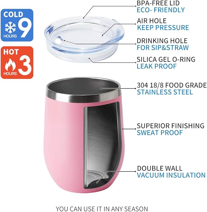 HASLE OUTFITTERS 12oz Wine Tumbler with Lid Stemless Wine Glasses Double Wall Vacuum Travel Mugs stainless steel Coffee Cup for Cold & Hot Drinks Wine Coffee Cocktails Beer (12oz-Pink, 1 Pack)