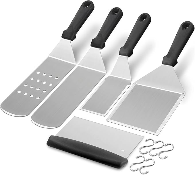 HaSteeL Griddle Accessories Kit of 5, Heavy Duty Metal Spatula, Professional Stainless Steel Flat Top Griddle Tools Set, Pancake Flipper/Griddle Scraper/Hamburger Turner for BBQ Grilling Cast Iron