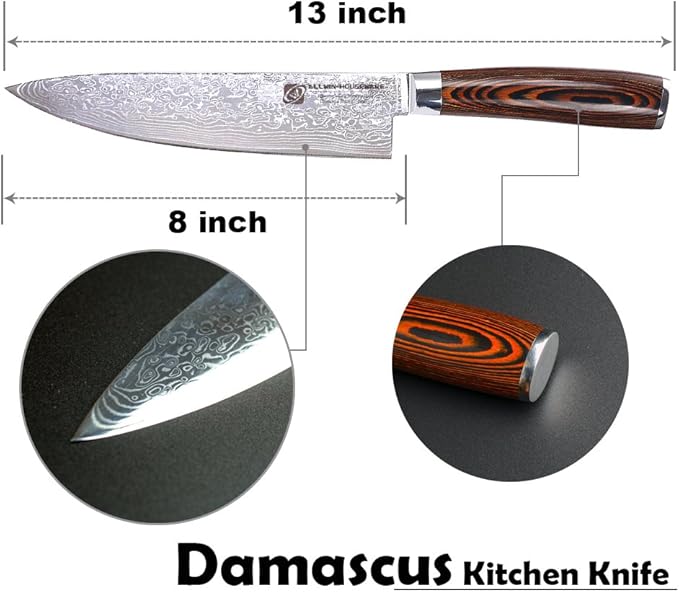 Damascus Chef Knife 8'' Professional 67-Layer VG10 Steel Core with Pakka Wood Handle, Ultra Sharp HRC 62 Kitchen Knife for Chopping Cutting Carving Gift Box for Kitchen Restaurant