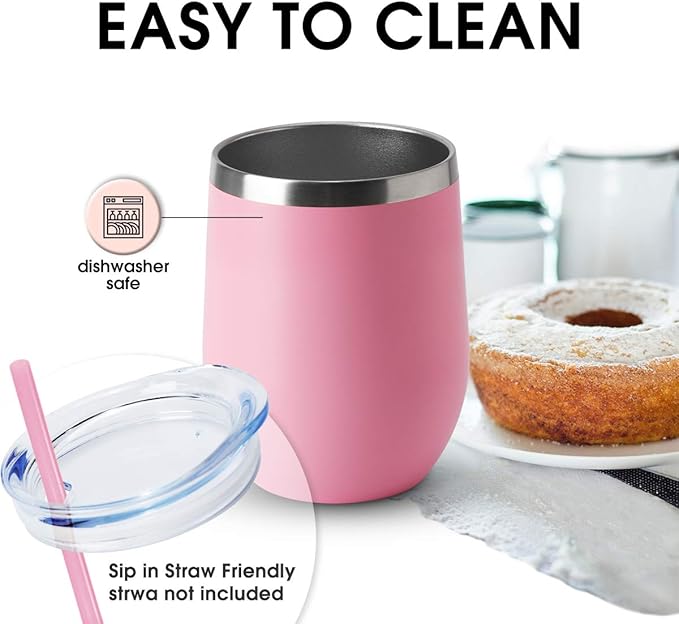 HASLE OUTFITTERS 12oz Wine Tumbler with Lid Stemless Wine Glasses Double Wall Vacuum Travel Mugs stainless steel Coffee Cup for Cold & Hot Drinks Wine Coffee Cocktails Beer 12 Pack Pink