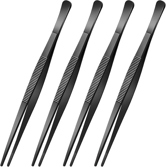 Yaomiao 4 Packs 8 Inch Bar Tweezers Black Cocktail Tongs Long Garnish Tweezers Stainless Steel Bartender Kitchen Cooking Tongs for Cocktail Food Fruit Korean BBQ Bartender Chef, Multi-use