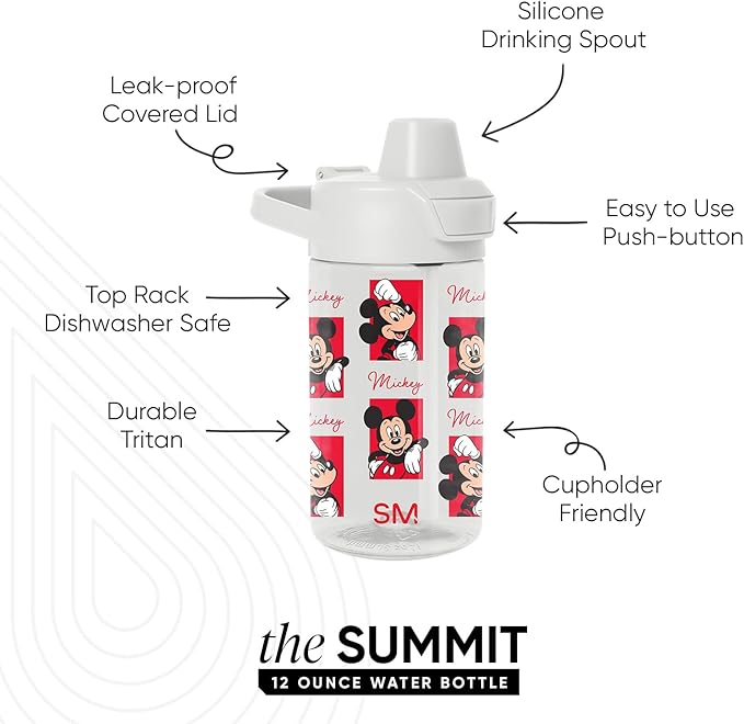 Simple Modern Disney Kids Tritan Plastic Summit Water Bottle | 12 oz BPA-Free Cup with Covered Leak Proof Straw Lid for Boys, Toddlers | Mickey Montage