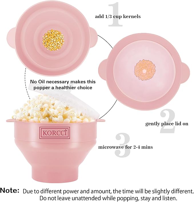 The Original Korcci Microwaveable Silicone Popcorn Popper, Microwave Popcorn Popper, Collapsible Microwave Popcorn Maker Bowl, No Oil Required, Use In Microwave, Dishwasher Safe (Pink)