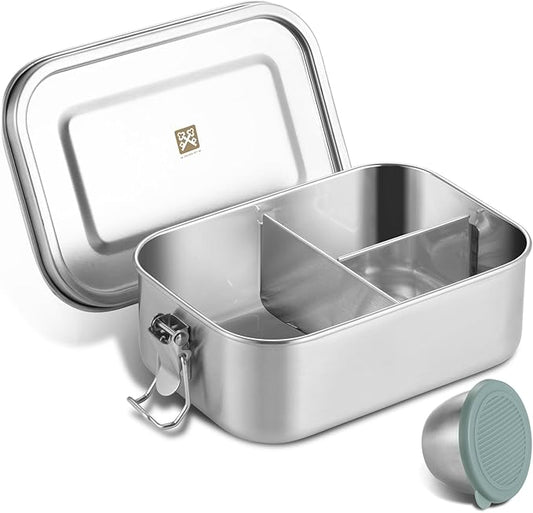 GOLDEN KEY Stainless Steel Bento Box for Kids,BPA Free Lunch Box for Kids with Leakproof Condiment Container,3 Compartment Bento box for School and Eating Out,Freezer & Dishwasher Safe(Green)