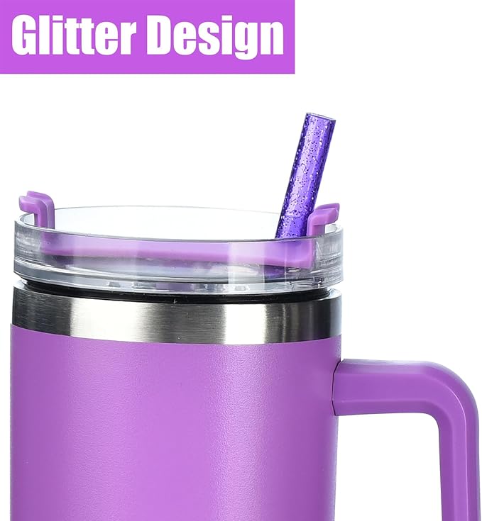 ALINK 10 Pack Purple Replacement Straws for Stanley 40 oz 30 oz Tumbler, 12 in Long Reusable Plastic Glitter Straws for Stanley Cup Accessories, Half Gallon Jug, Plus 2 Cleaning Brush