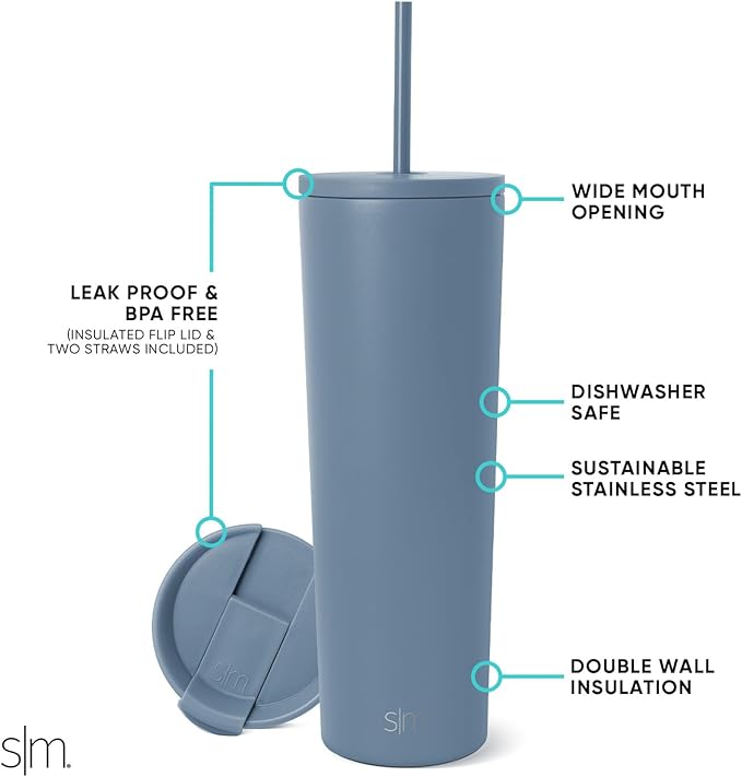 Simple Modern Insulated Tumbler with Lid and Straw | Iced Coffee Cup Reusable Stainless Steel Water Bottle Travel Mug | Gifts for Women Men Her Him | Classic Collection | 28oz | Blue Dune