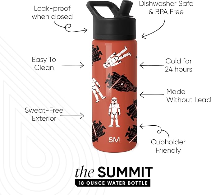 Simple Modern Kids Summit Water Bottle with Straw Lid | Star Wars 18oz Stainless Steel Cup Insulated Tumbler for Boys, Girls, School | Star Wars Here Comes Trouble