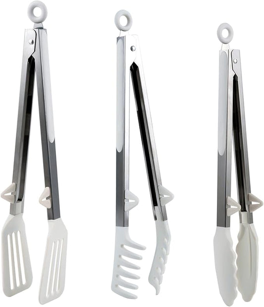 Kitchen Tongs,Set Of 3 Tongs with Silicone Tip for Cooking 9/12 Inch Stainless Steel Kitchen Tong for Meat,Food Grill,Salad,BBQ,Frying,Serving,Dishwasher (white, 12inch)