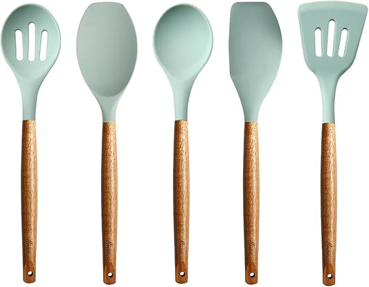 Kitchen Utensils Set, Silicone Cooking Utensils Set,Non-Stick Silicone Spatula Set with Natural Acacia Hard Wood Handle, 5 Piece, Upgraded Thickened Cookware