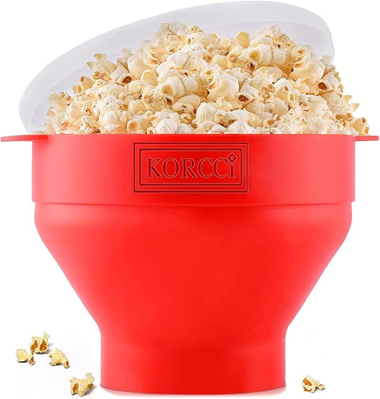The Original Korcci Microwaveable Silicone Popcorn Popper, Microwave Popcorn Popper, Collapsible Microwave Popcorn Maker Bowl, No Oil Required, Use In Microwave, Dishwasher Safe (Red)