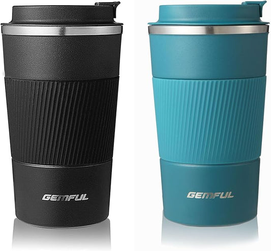 GEMFUL Travel Coffee Mug 2 Pack Insulated To Go Tumbler with Lid Portable Stainless Steel Reusable Cups Leak proof for Women Hot Cold Drinks 17oz (Black and Blue)