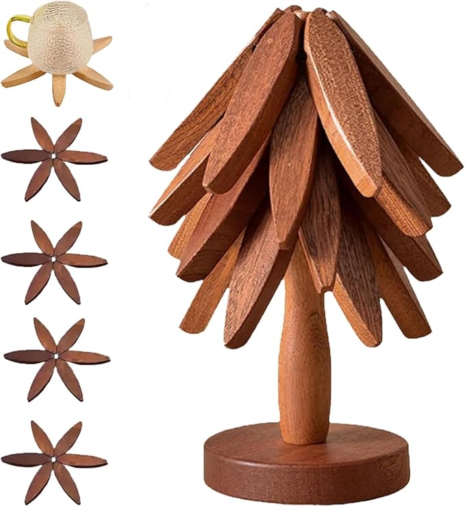 Natural Wood Tree Trivet Set, 𝐍atural Tree Trivet Set - 4 Wooden Trivets,4 Wooden 𝐓rivets & 1 Stand Like a Christmas Trees,for Hot Dish,Pot,Bowl,Teapot,Hot Pot Sets (Walnut Finish 4 Trivets,2set)