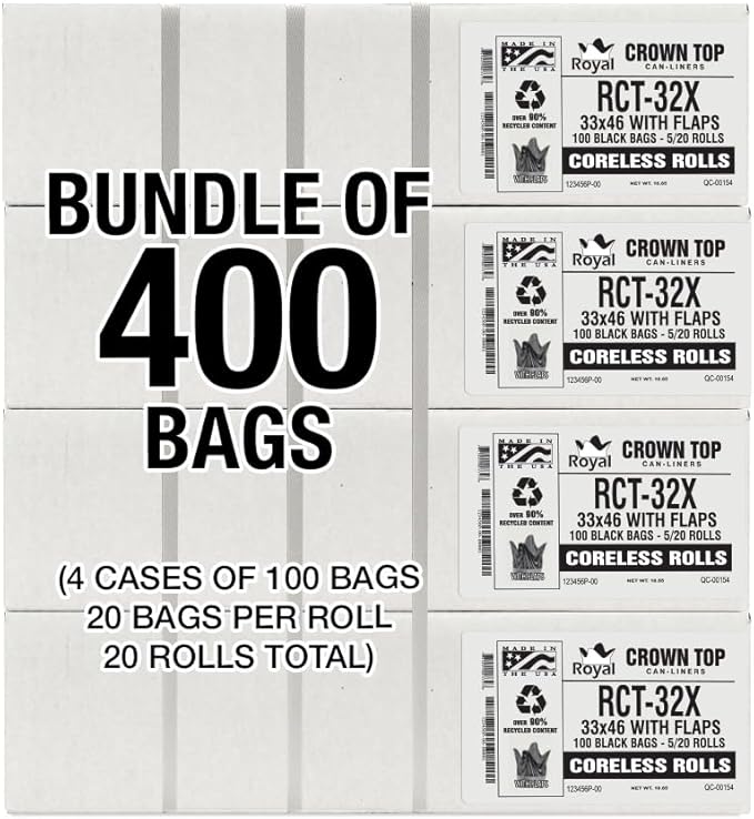 Aluf Plastics Star Sealed Coreless Rolls with E-Z Tie Flap Closure, 40-45 gal, Polyethylene, 33" x 46", Black (Pack of 400)
