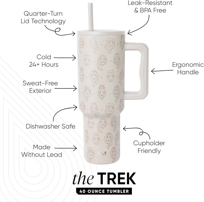 Simple Modern Disney 40 oz Tumbler with Handle and Straw Lid | Insulated Reusable Stainless Steel Water Bottle Travel Mug | Gifts for Women Men Him Her | Trek Collection | 40oz | Princess Icons