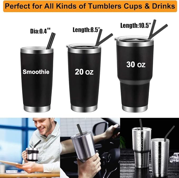 Vinaco Reusable Wide Mouth Straws - 8.5" & 10.5" Stainless Steel, Set of 4 with CleanerBrush, Black Metal Straws forThicker Drinks