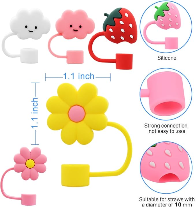 Stanley Cup Silicone Straw Topper - Compatible with 30 & 40 Oz Tumbler, Straw Tip Covers (6pcs Strawberry Cloud Flower)