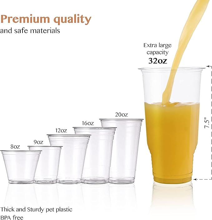 Upper Midland Products 200 Pack of 32 OZ Cups With Lids, Large Clear Disposable Plastic Cups & Lids Great For Ice Coffee, Cold Drinks, Smoothie, Milkshakes, Boba Tea