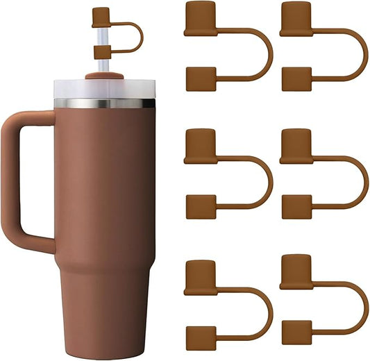 6PCS Silicone Straw Covers Cap Compatible with Stanley Cup 30-40 oz Tumbler with Handle 10mm Straw Toppers Reusable Cover for Stanley Cup Accessories（Brown）