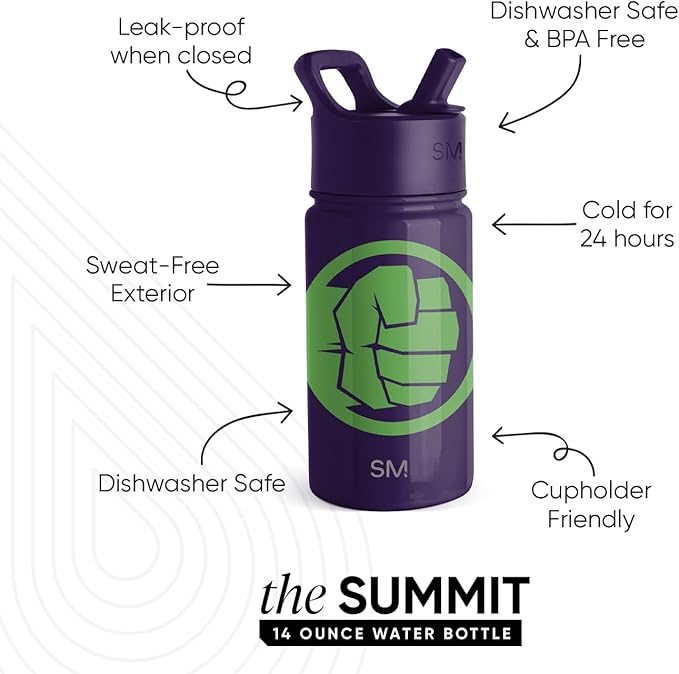 Simple Modern Kids Summit Water Bottle with Straw Lid | Marvel Hulk 14oz Stainless Steel Cup Insulated Tumbler for Toddlers, Boys, School | Hulk Smash