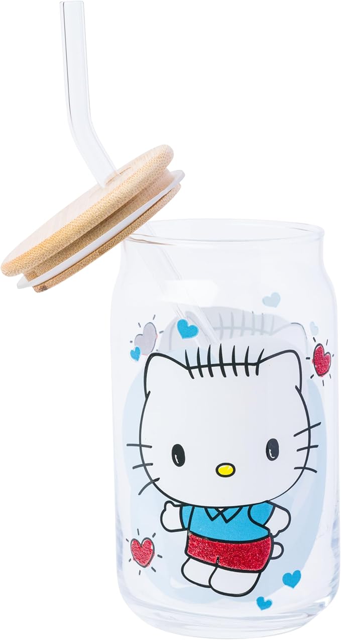 Silver Buffalo Sanrio Hello Kitty and Friends Featuring Dear Daniel 2 Pack Glass Jar Tumbler with Bamboo Lid and Glass Straw, 16 Ounces