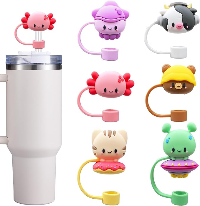 6PCS Straw Cover Cap for Stanley Cup, Silicone Cute Animal Straw Topper for Stanley 30&40 Oz Tumbler with Handle, 10mm 0.4in Dust-Proof Reusable Straw Tips Lids. (Color 6)