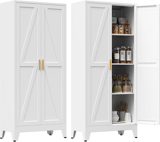 61" Tall Metal Pantry Cabinet, Kitchen Storage Cabinet with 2 Doors and 3 Adjustable Shelves for Kitchen, Living Room, Dining Room, Bathroom and Home, Office (White, 61" H)
