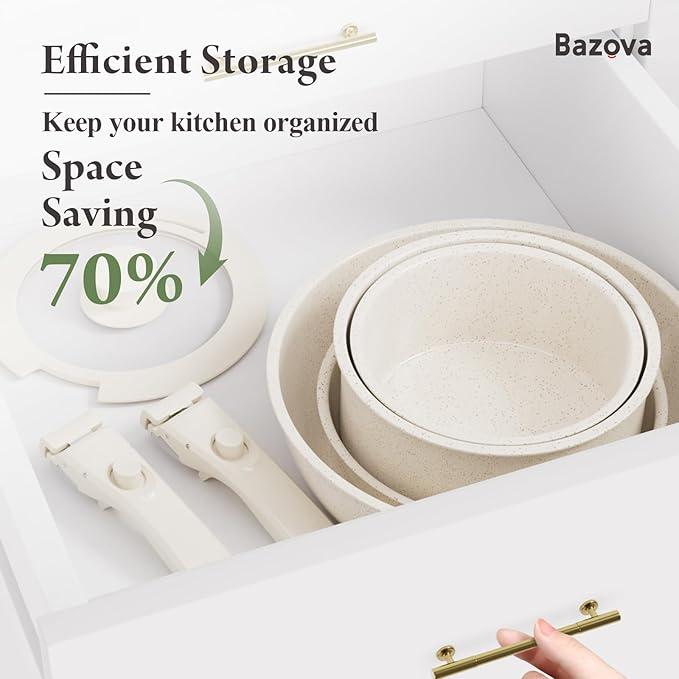 Ceramic Nonstick Cookware Set, Healthy,Non Toxic,17-Pieces Pots and Pans Set Removable Handles,Induction RV Kitchen Set,Stain & Scratch-resistant,Dishwasher/Oven Safe,PFAS/PFOA Free,Cream White