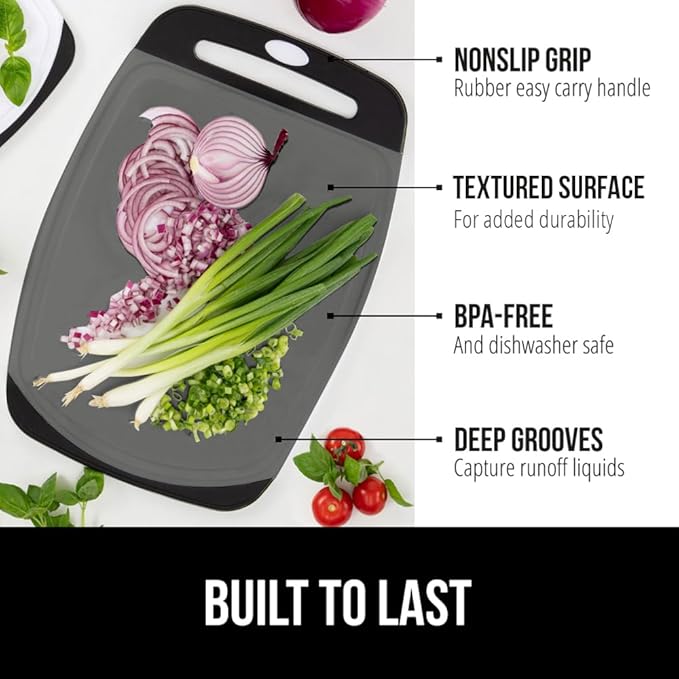 GORILLA GRIP BPA-Free Reversible Kitchen Cutting Board Set of 3, US Designed, Nonporous, Juice Grooves Catch Liquid, Slip Resistant Border, Dishwasher Safe, Durable Food Chopping Boards, Black Gray