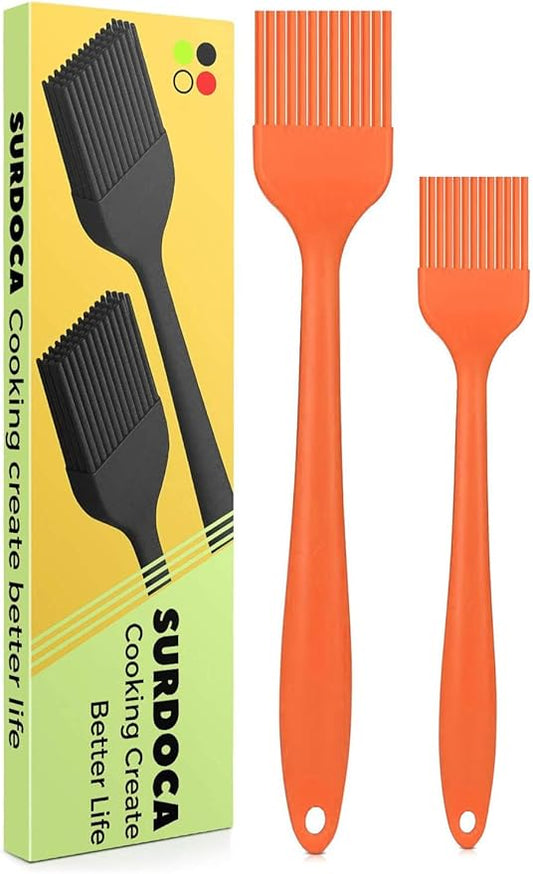 SURDOCA Silicone Pastry Basting Brush - 2Pcs 10 + 8 in Heat Resistant Brush for Baking Cooking Food, BPA Free Kitchen Brush for Sauce Butter Oil, Stainless Steel Core Design for Barbecue BBQ Grilling
