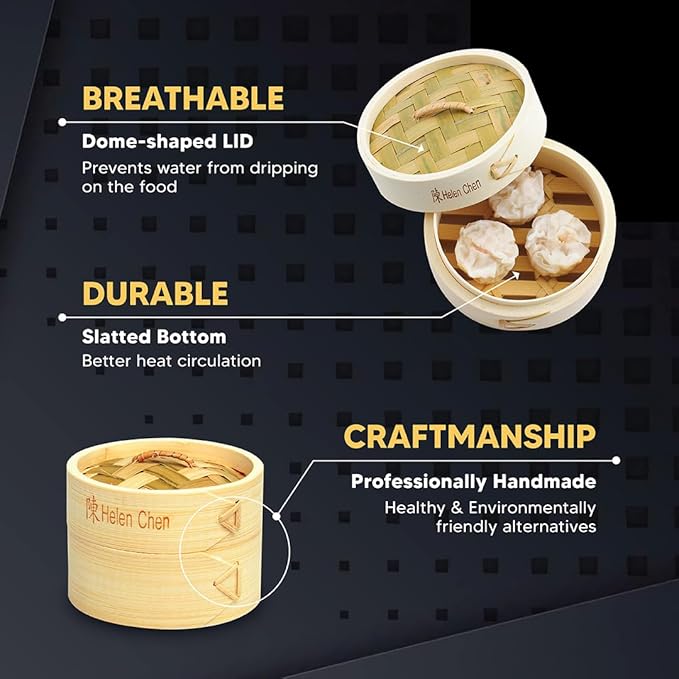 Helen's Asian Kitchen Bamboo Food Steamer with Lid - 100% Natural Bamboo - Basket Steamers for Cooking Dumplings, Dim Sum, Veggies, Fish, Meat - Preserve Nutrients & Flavors - 4-Inch, Set of 2