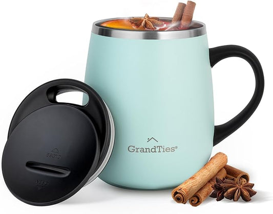 GRANDTIES Insulated Coffee Mug with Handle - Sliding Lid for Splash-Proof 16 oz Wine-Glass Shape Thermal Tumbler with Double Walled Vacuum Stainless Steel to Keeps Beverages Hot or Cold (Powder Green)