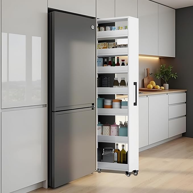 7-Tier Slim Storage Cart, Wooden Rolling Pantry Cabinet with Wheels, Narrow Shelf Organizer for Kitchen, Bakers Rack, Dining Room, Closet, Small Spaces Light Walnut 47.2" H*5.9" W*23.6" D