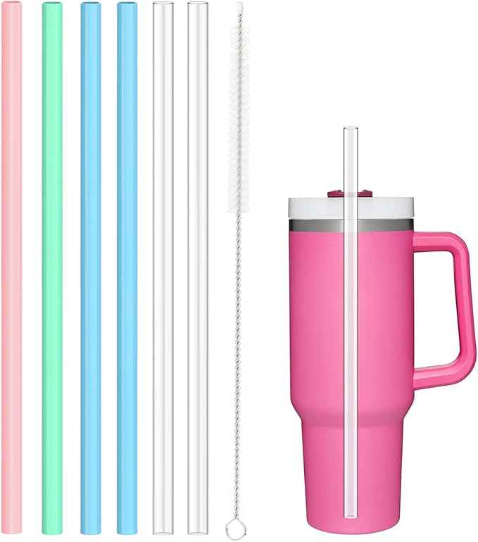 6Pack Replacement Straws for Stanley 40oz 30oz 20oz 14oz Tumbler, Airboat Reusable Plastic and Flexible Silicone Straws with Clean Brush Compatible with Stanley Cup (2*Clear Plastic+4*Color Silicone)