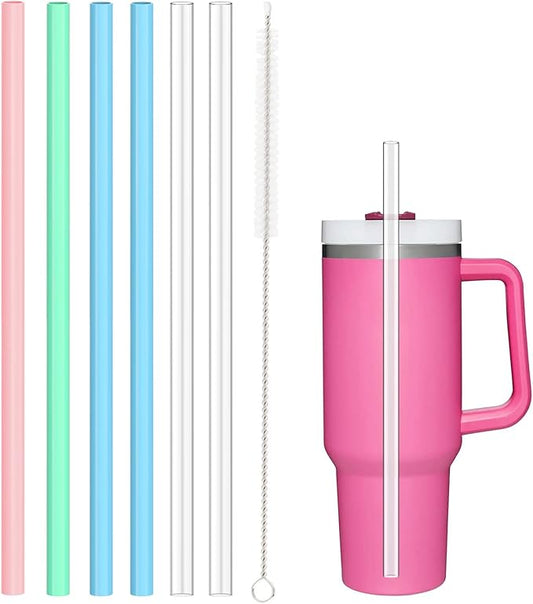 6Pack Replacement Straws for Stanley 40oz 30oz 20oz 14oz Tumbler, Airboat Reusable Plastic and Flexible Silicone Straws with Clean Brush Compatible with Stanley Cup (2*Clear Plastic+4*Color Silicone)