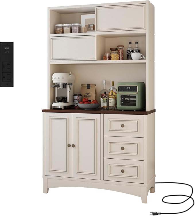 71" Antique White Pantry Cabinet with Charging Station, 4-Type Storage & Anti-Tip Design, Farmhouse Kitchen Cabinet with Adjustable Shelves