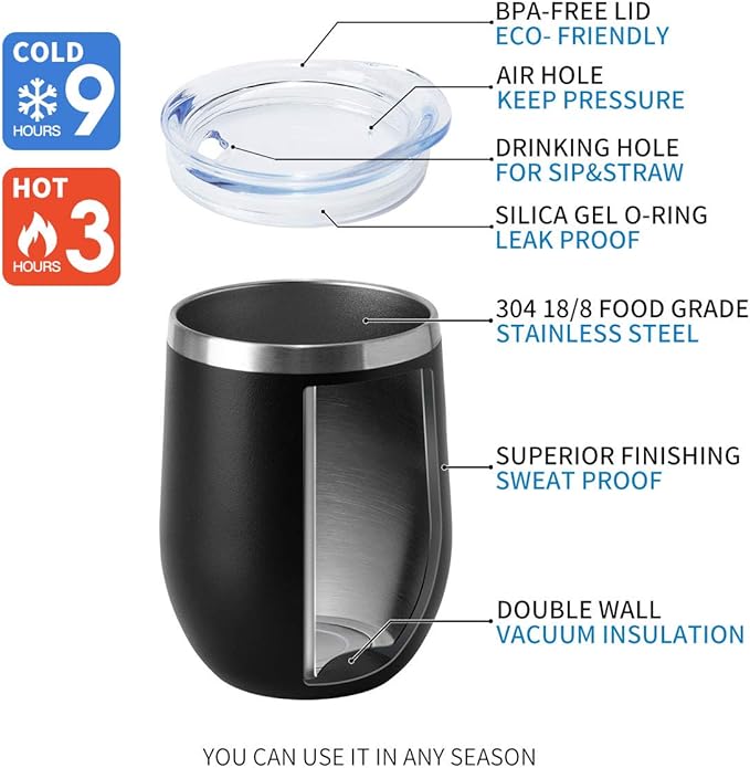HASLE OUTFITTERS 12oz Wine Tumbler with Lid Stemless Wine Glasses Double Wall Vacuum Travel Mugs stainless steel Coffee Cup for Cold & Hot Drinks Wine Coffee Cocktails Beer (12oz-Black, 1 Pack)