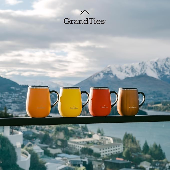 GRANDTIES Insulated Coffee Mug with Handle–Sliding Lid for Splash-Proof 16oz Wine-Glass Shape Thermal Tumbler with Double Walled Vacuum Stainless Steel to Keeps Beverages Hot or Cold-Cognac Metallic