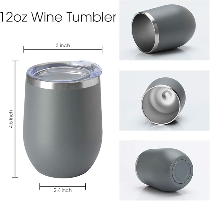 HASLE OUTFITTERS 12oz Wine Tumbler with Lid Stemless Wine Glasses Double Wall Vacuum Travel Mugs stainless steel Coffee Cup for Cold & Hot Drinks Wine Coffee Cocktails Beer 12 Pack Grey