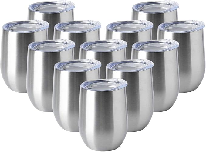 HASLE OUTFITTERS 12oz Wine Tumbler with Lid Stemless Wine Glasses Double Wall Vacuum Travel Mugs stainless steel Coffee Cup for Cold & Hot Drinks Wine Coffee Cocktails Beer 12 Pack Stainless Steel