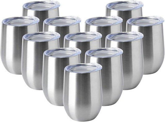HASLE OUTFITTERS 12oz Wine Tumbler with Lid Stemless Wine Glasses Double Wall Vacuum Travel Mugs stainless steel Coffee Cup for Cold & Hot Drinks Wine Coffee Cocktails Beer 12 Pack Stainless Steel