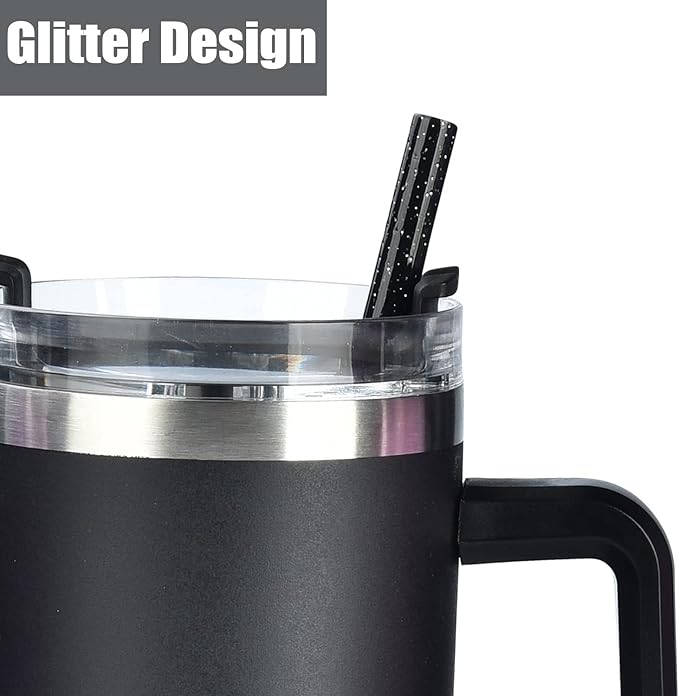 ALINK 10 Pack Black Replacement Straws for Stanley 40 oz 30 oz Tumbler, 12 in Long Reusable Plastic Glitter Straws for Stanley Cup Accessories, Half Gallon Jug, Plus 2 Cleaning Brush
