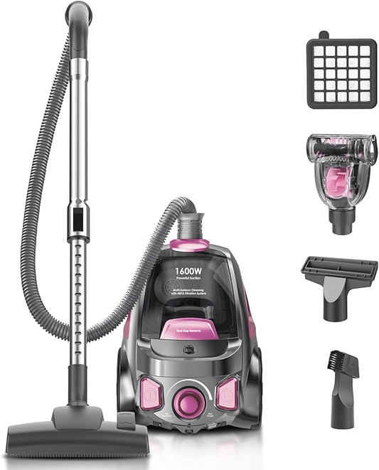 Canister Vacuum Cleaner, 32Kpa 1600W Bagless Vacuum Cleaner, Dust Full Indicator, H13 HEPA Filter, 3.7Qt Large Capacity, Lightweight Vac for Hard Floors, Carpet, Pet, Upholstery, Pink