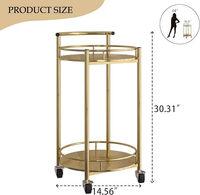 Bar Cart Gold Rolling Cart for Home, 2 Tiers Bar Serving Cart Round Wine Cart - Image 3