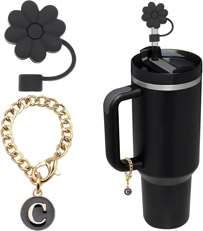 Stanley Cup Accessories, 1pc Flower Stanley Straw Cover Silicone Straw Topper for Stanley 30&40 oz Tumbler with Handle and 1pc Initial Letter Charm for Stanley Cup (Letter C)