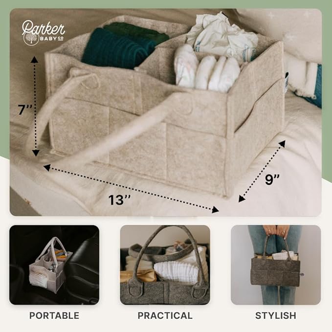Parker Baby Diaper Caddy - Nursery Storage Bin and Car Organizer for Diapers and Baby Wipes - White, Regular