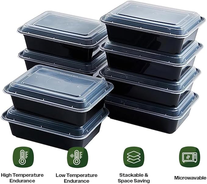 CIAO! Heavy Weight 38oz Injection Molded Microwavable Black Rectangular Food Container with Lid (150/case)