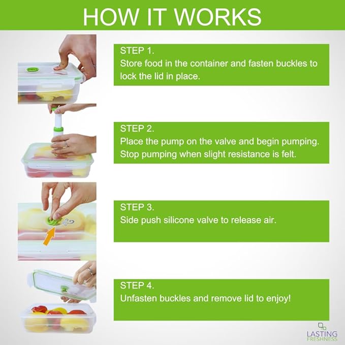 Lasting Freshness 11 piece Vacuum Seal Food Storage Containers with Vacuum Pump, Airtight and Leak Proof, Vacuum Sealed Food Storage Containers, Meal Prep Containers, Keep Food Fresh up to 5 X Longer