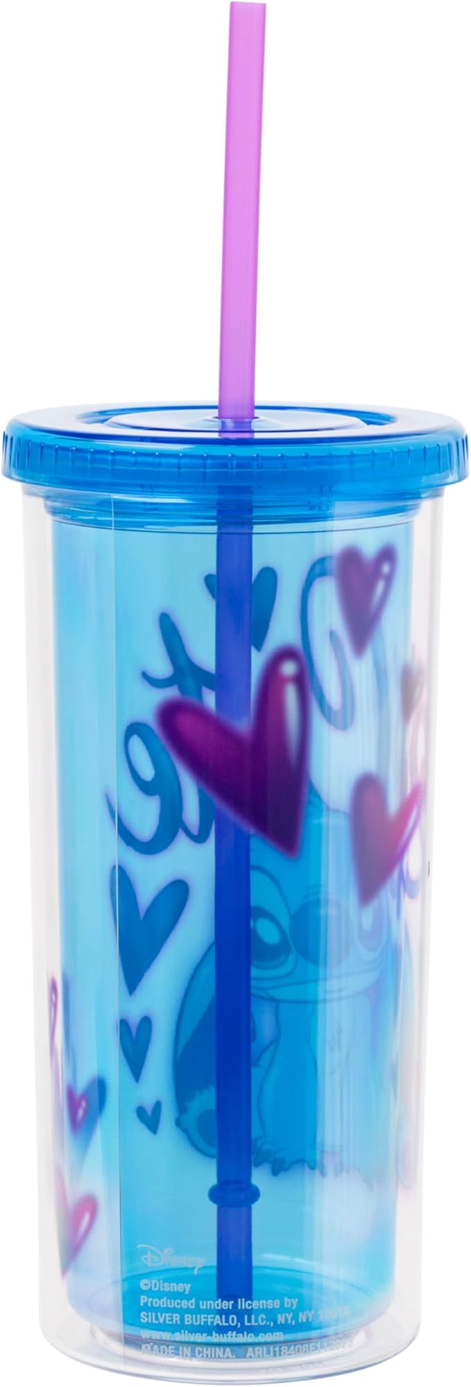 Silver Buffalo Disney Lilo and Stitch “2 Cute” Plastic Tall Cold Cup with Lid and Straw, 20 Ounces