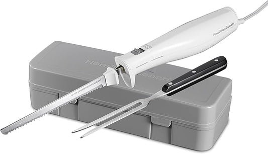 Hamilton Beach Electric Knife Set for Carving Meats, Poultry, Bread, Crafting Foam & More, Reciprocating Serrated Stainless Steel Blades, Ergonomic Design Storage Case + Fork Included, 5 Foot Cord
